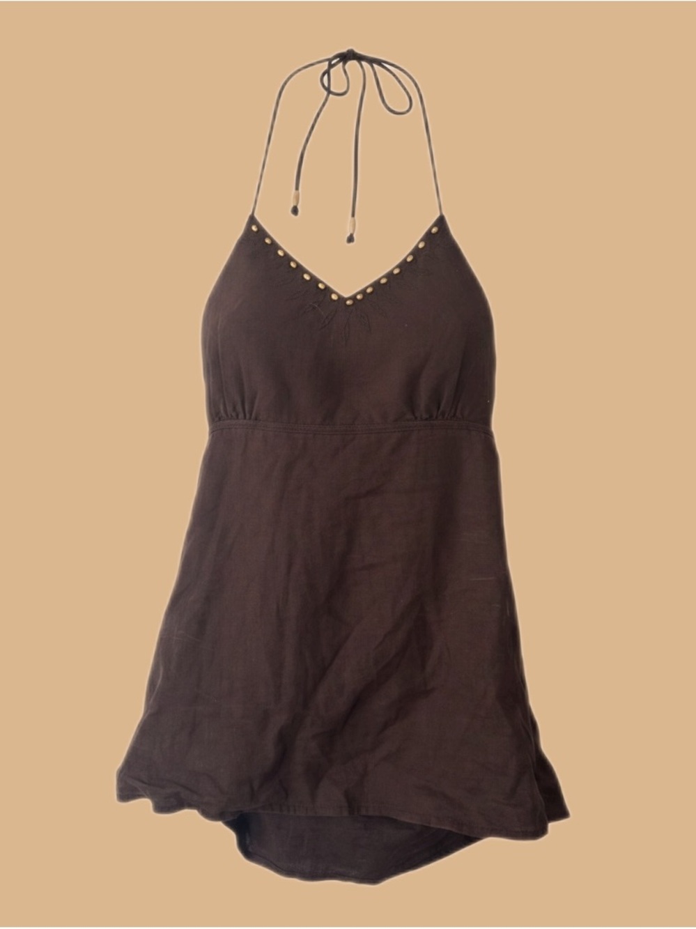 Esprit Y2K Boho Brown Spaghetti Strap Linen Cami with Wood Bead Details.